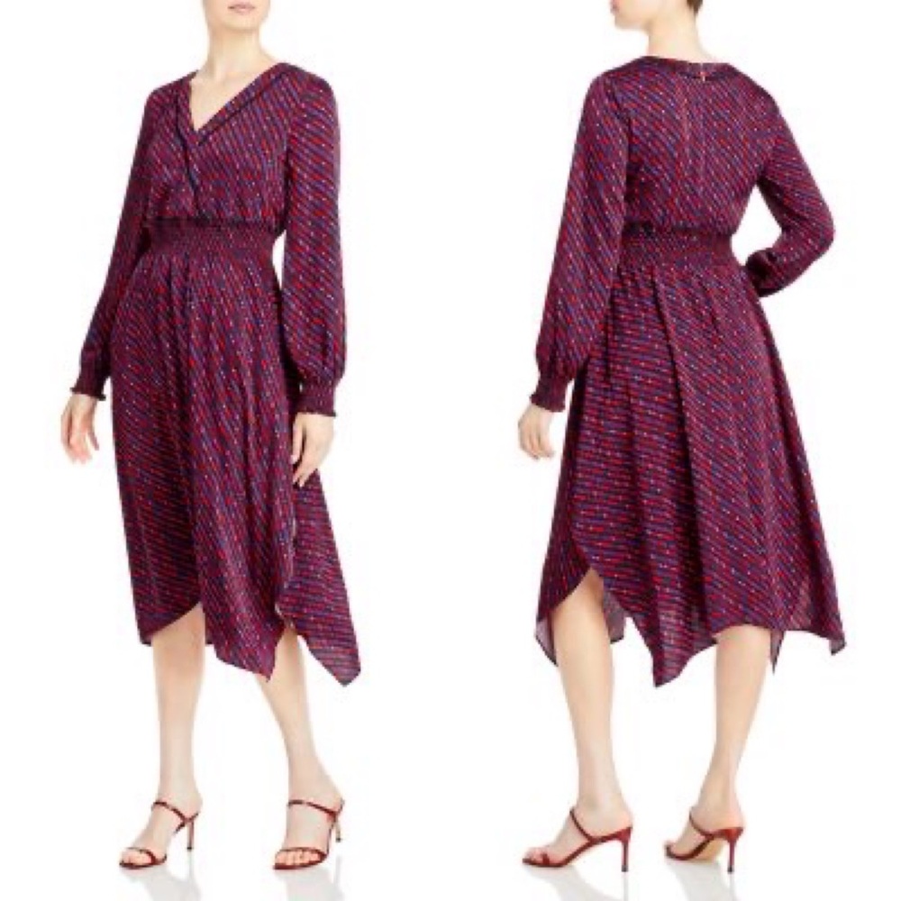 KARL LAGERFELD PARIS Chiffon Handkerchief Dress Hanky Hem V Neck Smocked Waist